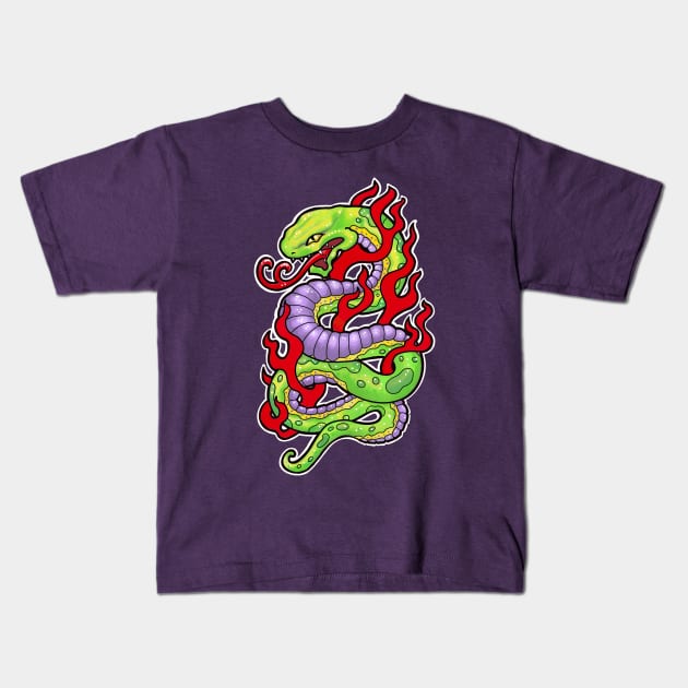 Green and purple snake, with red flames tattoo style Kids T-Shirt by weilertsen